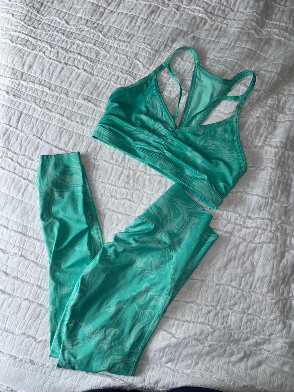 Gymshark Teal Marble-Print Sports Bra and Leggings